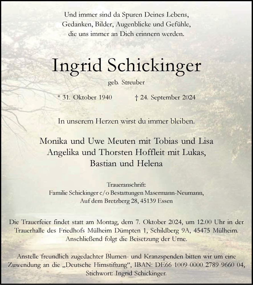  Traueranzeige für Ingrid Schickinger vom 28.09.2024 aus Tageszeitung