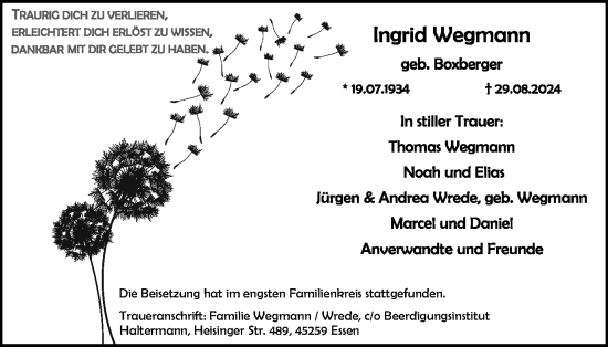 Traueranzeige von Ingrid Wegmann von Tageszeitung