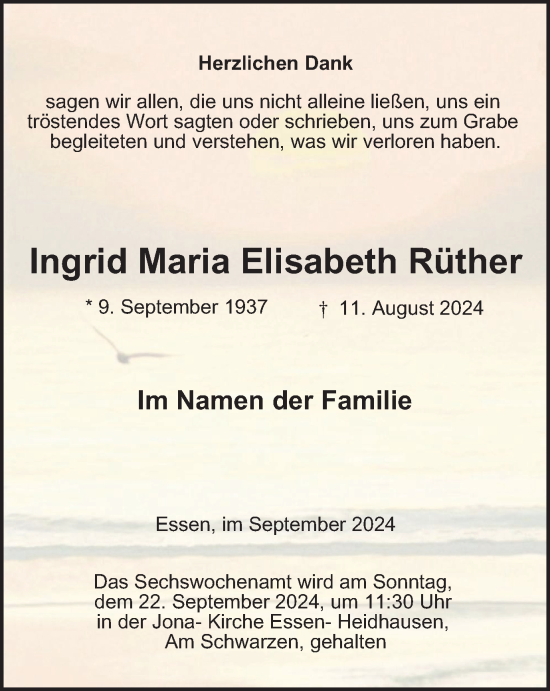 Traueranzeige von Ingrid Maria Elisabeth Rüther von Tageszeitung