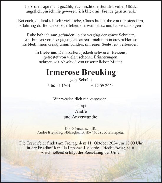 Traueranzeige von Irmerose Breuking von Tageszeitung