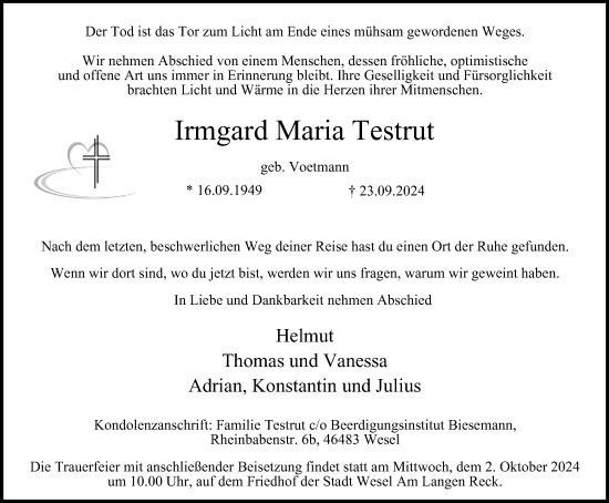 Traueranzeige von Irmgard Maria Testrut von Tageszeitung