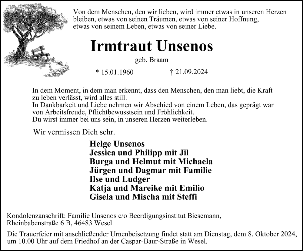  Traueranzeige für Irmtraut Unsenos vom 28.09.2024 aus Tageszeitung