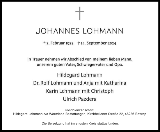 Traueranzeige von Johannes Lohmann von Tageszeitung