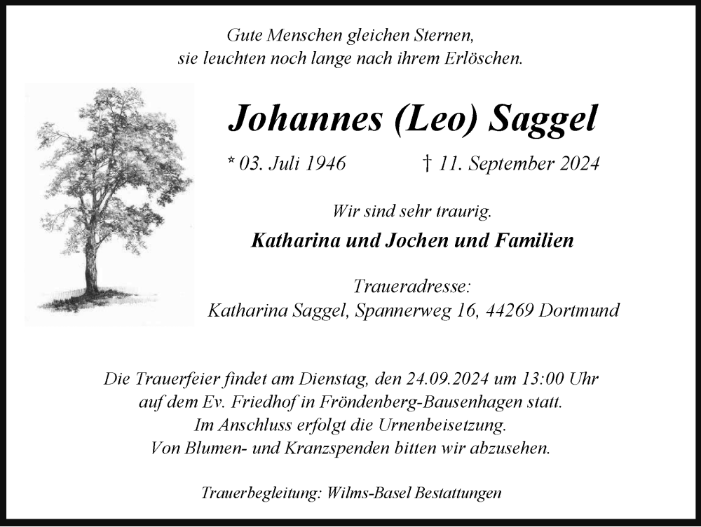  Traueranzeige für Johannes Saggel vom 21.09.2024 aus Tageszeitung