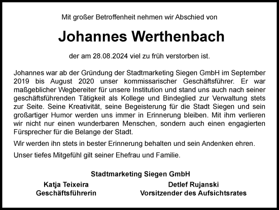 Traueranzeige von Johannes Werthenbach von Tageszeitung