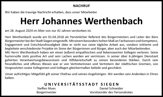 Traueranzeige von Johannes Werthenbach von Tageszeitung