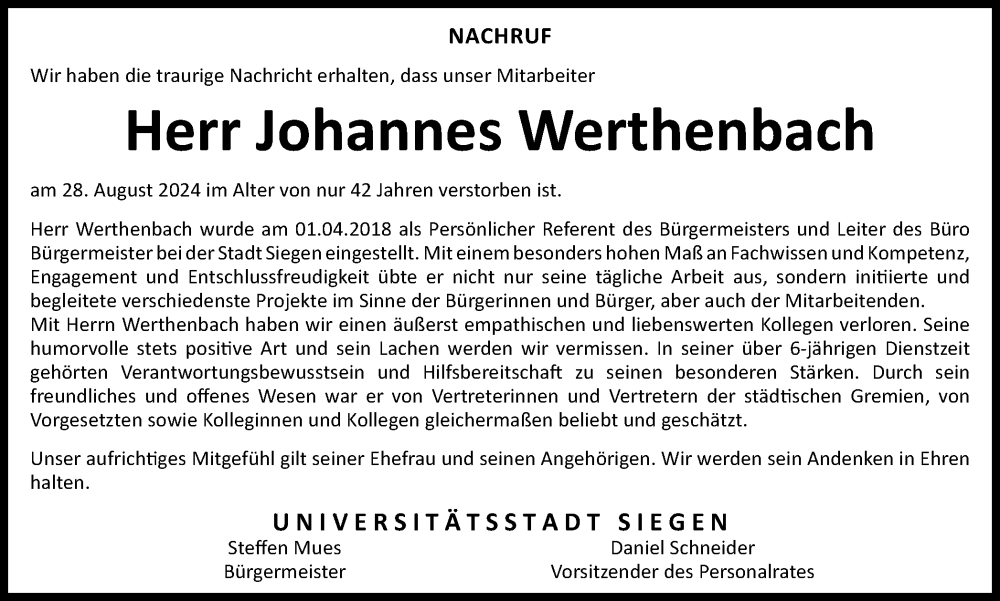  Traueranzeige für Johannes Werthenbach vom 02.09.2024 aus Tageszeitung