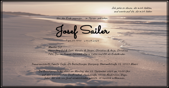 Traueranzeige von Josef Sailer von Tageszeitung