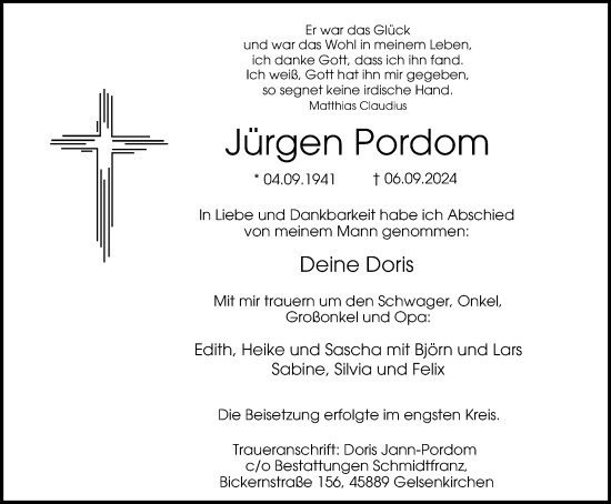 Traueranzeige von Jürgen Pordom von Tageszeitung