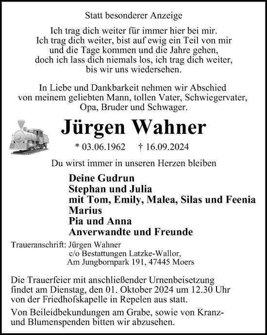 Traueranzeige von Jürgen Wahner von Tageszeitung