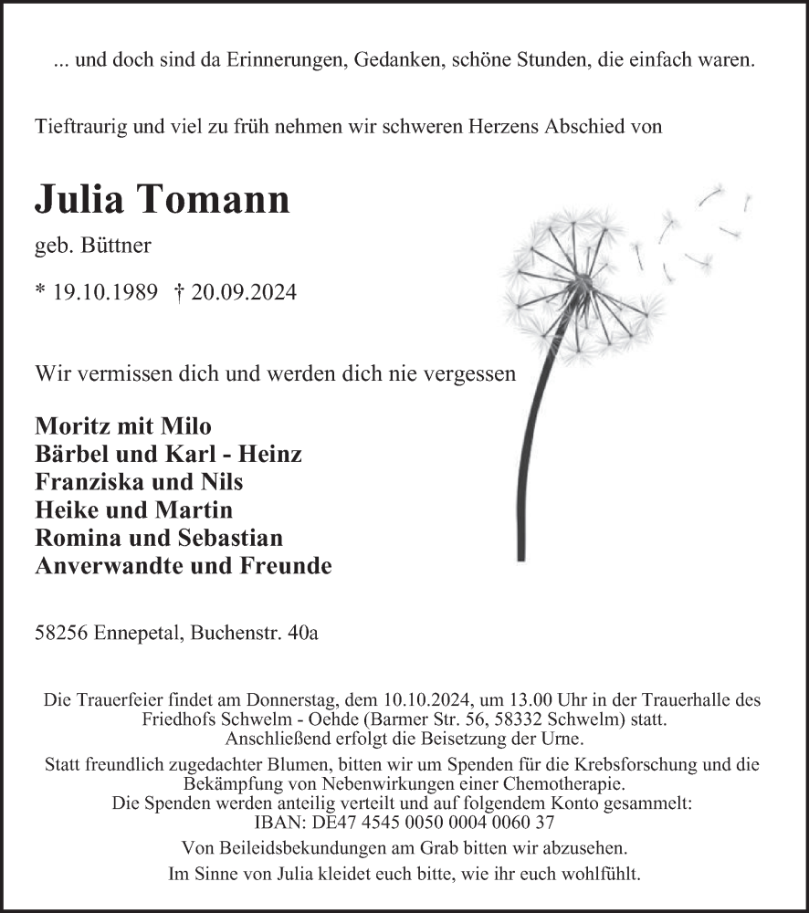  Traueranzeige für Julia Tomann vom 28.09.2024 aus Tageszeitung