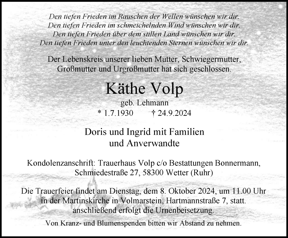  Traueranzeige für Käthe Volp vom 28.09.2024 aus Tageszeitung