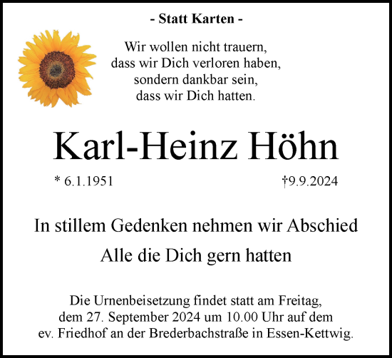 Traueranzeige von Karl-Heinz Höhn von Tageszeitung