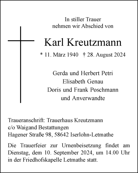 Traueranzeige von Karl Kreutzmann von Tageszeitung