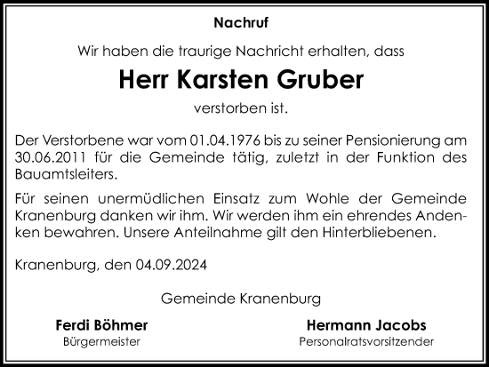 Traueranzeige von Karsten Gruber von Tageszeitung
