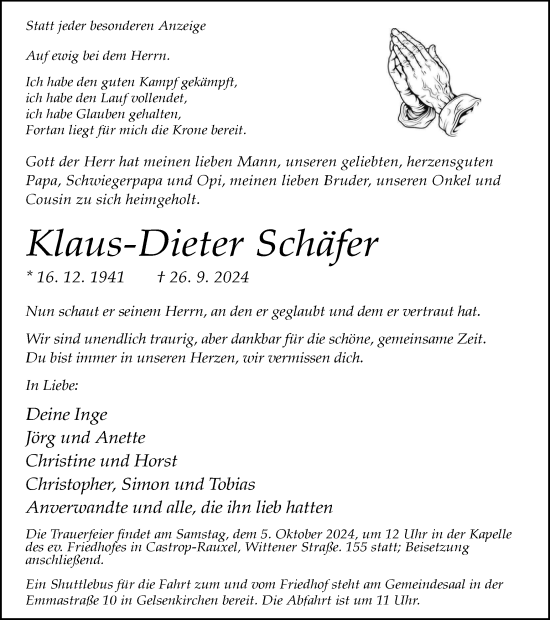 Traueranzeige von Klaus-Dieter Schäfer von Tageszeitung