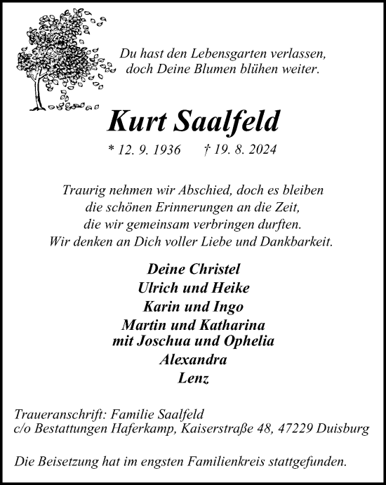 Traueranzeige von Kurt Saalfeld von Tageszeitung