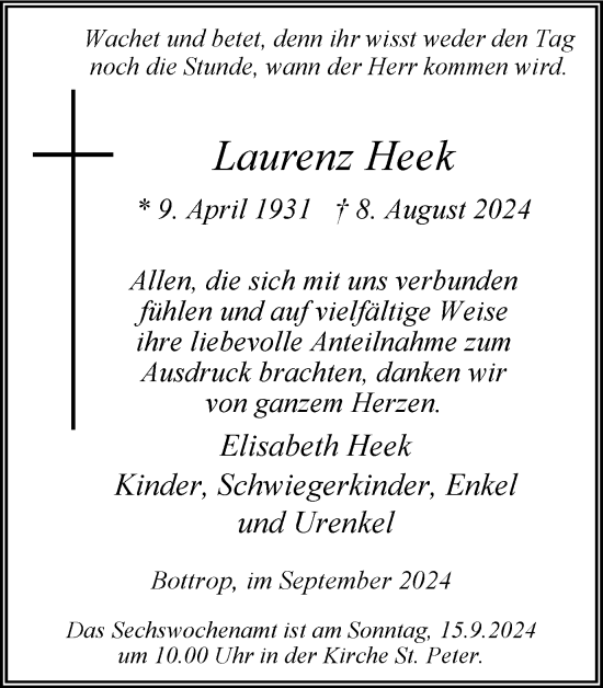 Traueranzeige von Laurenz Heek von Tageszeitung