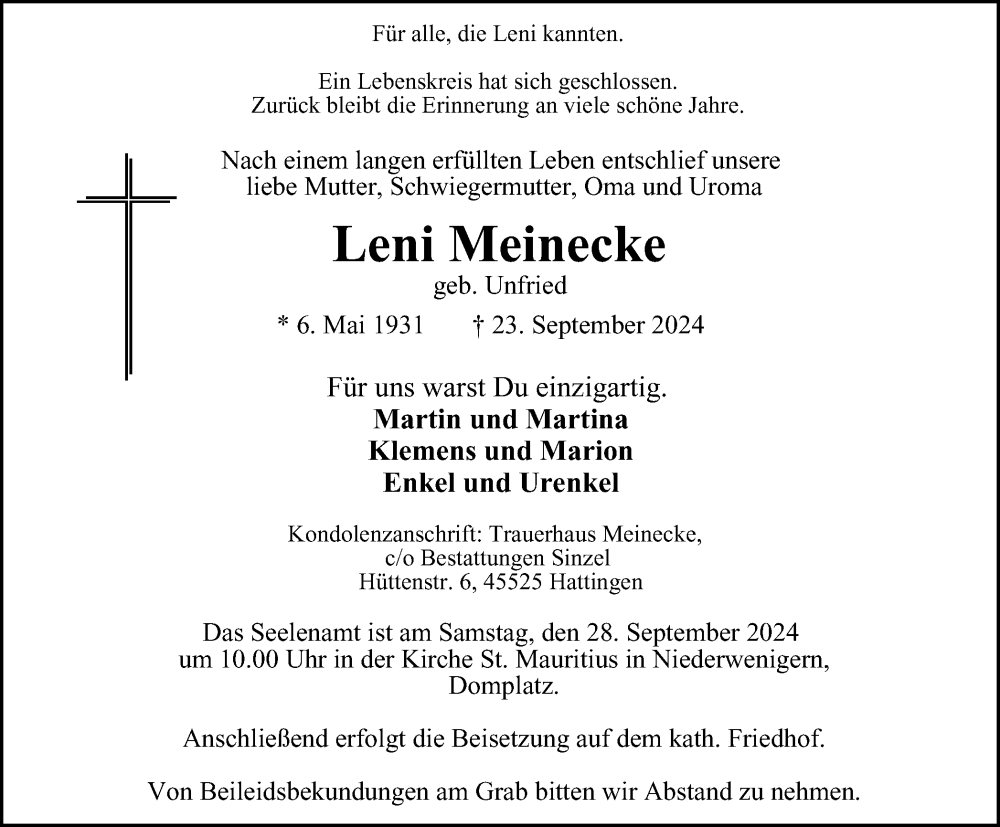  Traueranzeige für Leni Meinecke vom 28.09.2024 aus Tageszeitung