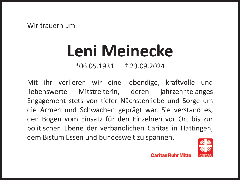  Traueranzeige für Leni Meinecke vom 28.09.2024 aus Tageszeitung