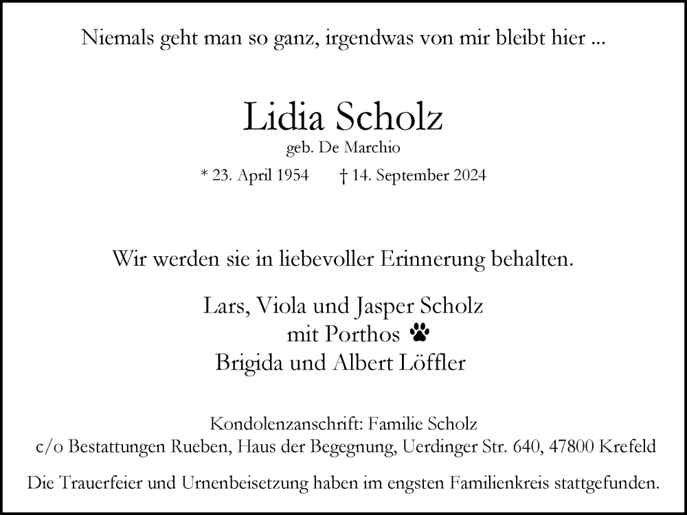  Traueranzeige für Lidia Scholz vom 28.09.2024 aus Tageszeitung