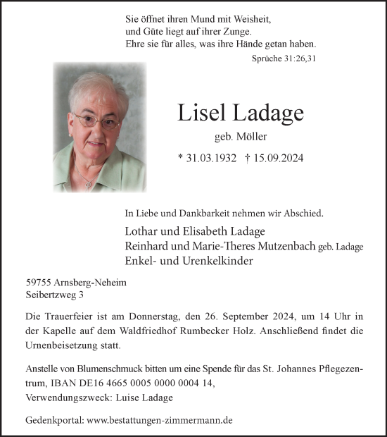 Traueranzeige von Lisel Ladage von Tageszeitung