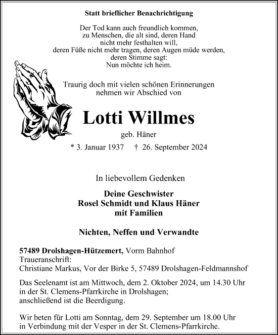 Traueranzeige von Lotti Willmes von Tageszeitung
