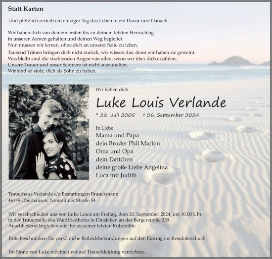 Traueranzeige von Luke  Verlande von Tageszeitung