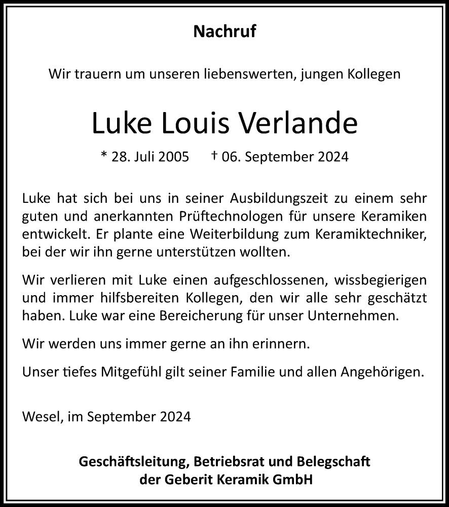  Traueranzeige für Luke Louis Verlande vom 25.09.2024 aus Tageszeitung