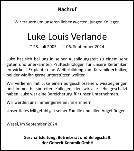 Traueranzeige von Luke Louis Verlande von Tageszeitung