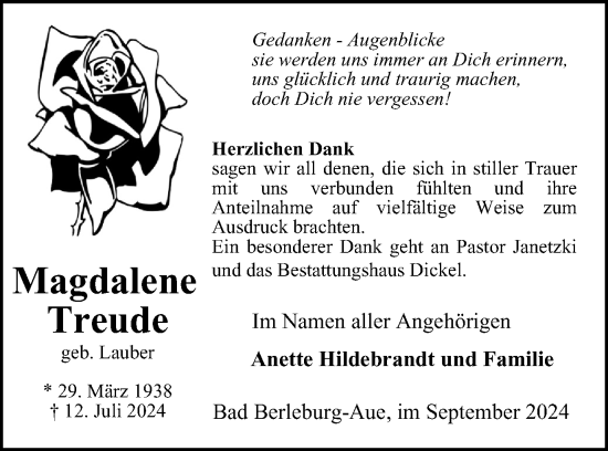 Traueranzeige von Magdalene Treude von Tageszeitung