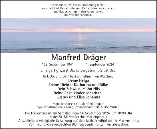 Traueranzeige von Manfred Dräger von Tageszeitung