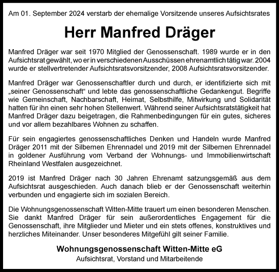 Traueranzeige von Manfred Dräger von Tageszeitung