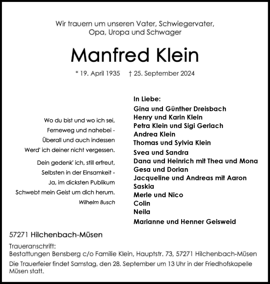 Traueranzeige von Manfred Klein von Tageszeitung