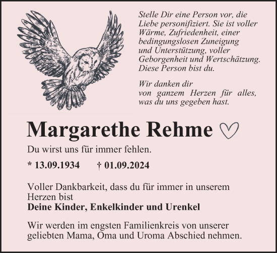 Traueranzeige von Margarethe Rehme von Tageszeitung