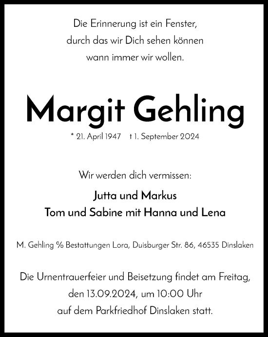 Traueranzeige von Margit Gehling von Tageszeitung