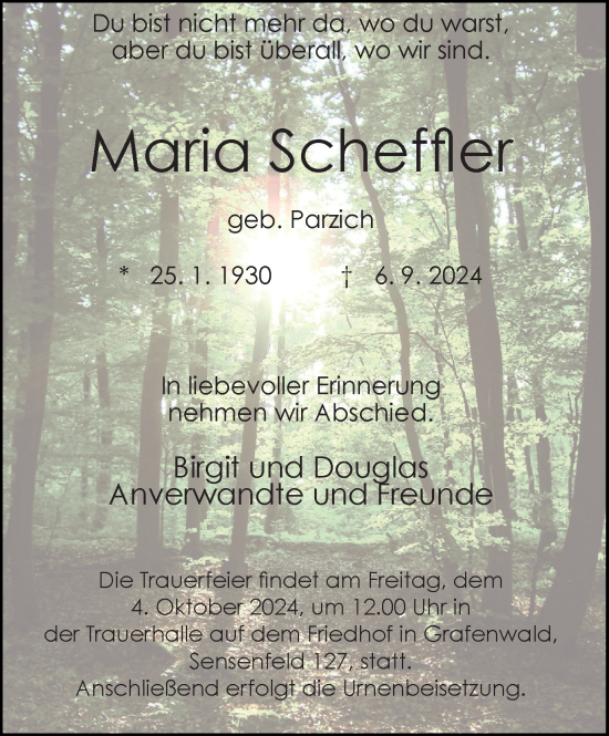 Traueranzeige von Maria Scheffler von Tageszeitung