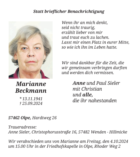 Traueranzeige von Marianne Beckmann von Tageszeitung