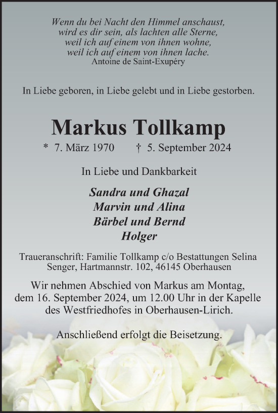 Traueranzeige von Markus Tollkamp von Tageszeitung
