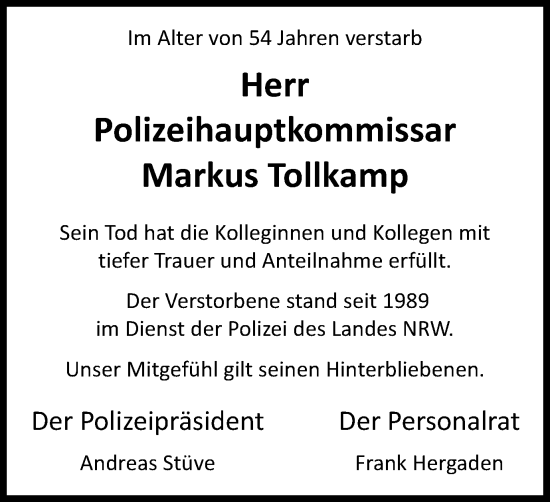 Traueranzeige von Markus Tollkamp von Tageszeitung