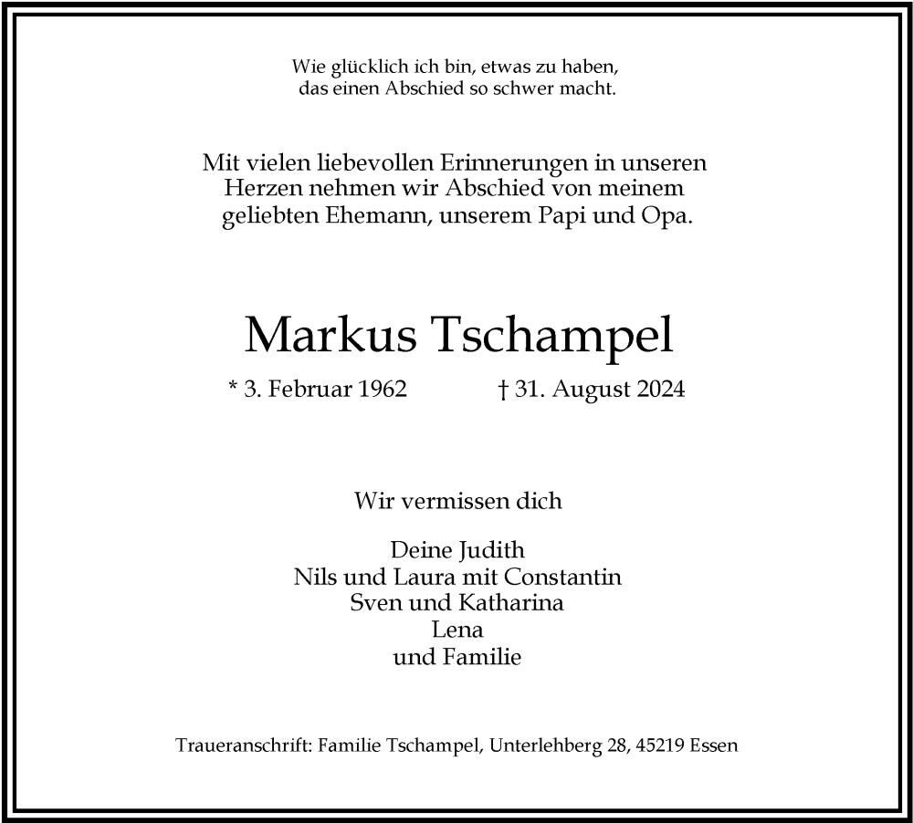  Traueranzeige für Markus Tschampel vom 14.09.2024 aus Tageszeitung