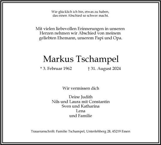 Traueranzeige von Markus Tschampel von Tageszeitung