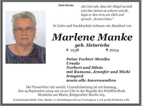 Traueranzeige von Marlene Manke von Tageszeitung