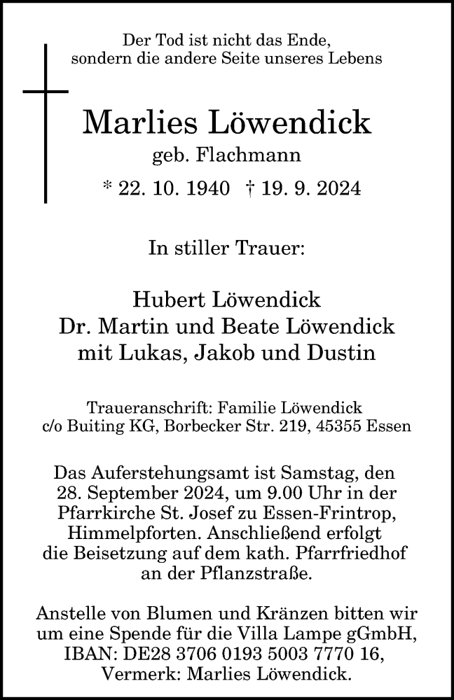  Traueranzeige für Marlies Löwendick vom 24.09.2024 aus Tageszeitung