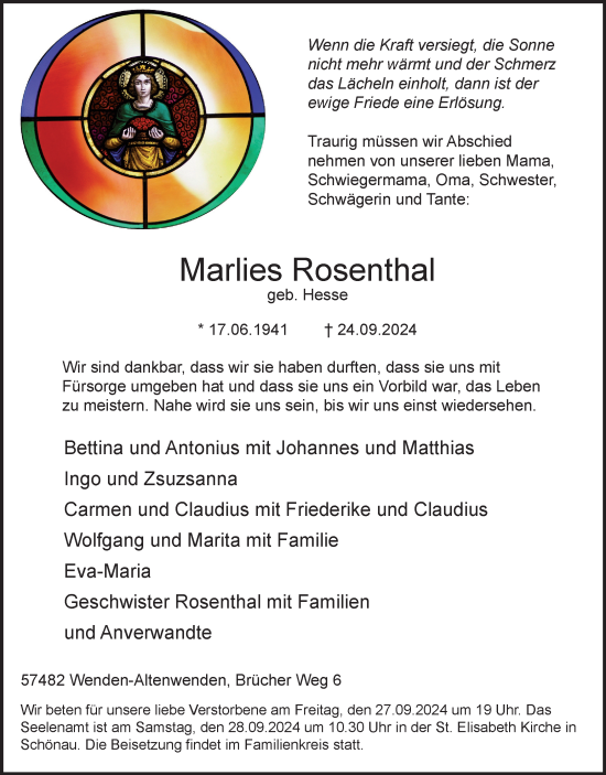 Traueranzeige von Marlies Rosenthal von Tageszeitung
