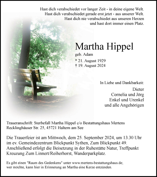 Traueranzeige von Martha Hippel von Tageszeitung