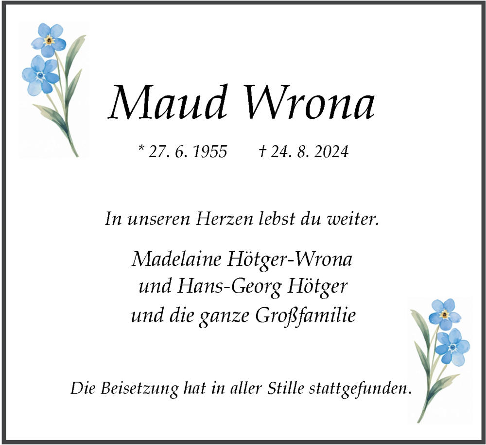  Traueranzeige für Maud Wrona vom 07.09.2024 aus Tageszeitung