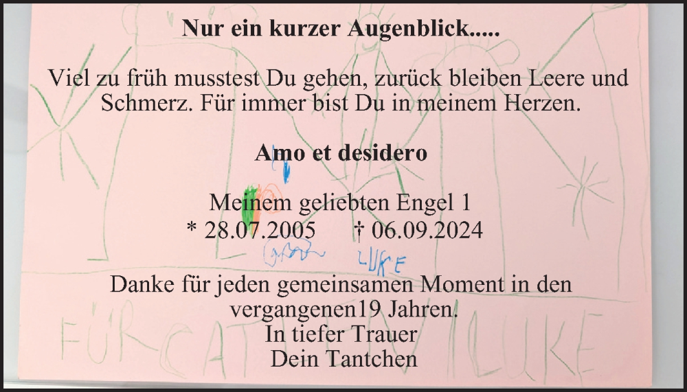  Traueranzeige für Meinem geliebten Engel  vom 13.09.2024 aus Tageszeitung