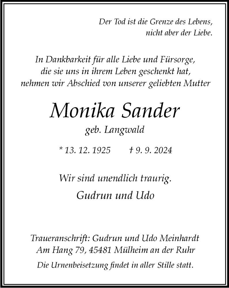  Traueranzeige für Monika Sander vom 21.09.2024 aus Tageszeitung