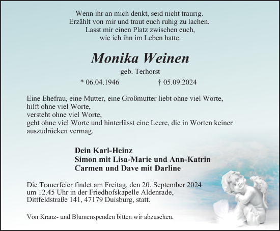Traueranzeige von Monika Weinen von Tageszeitung